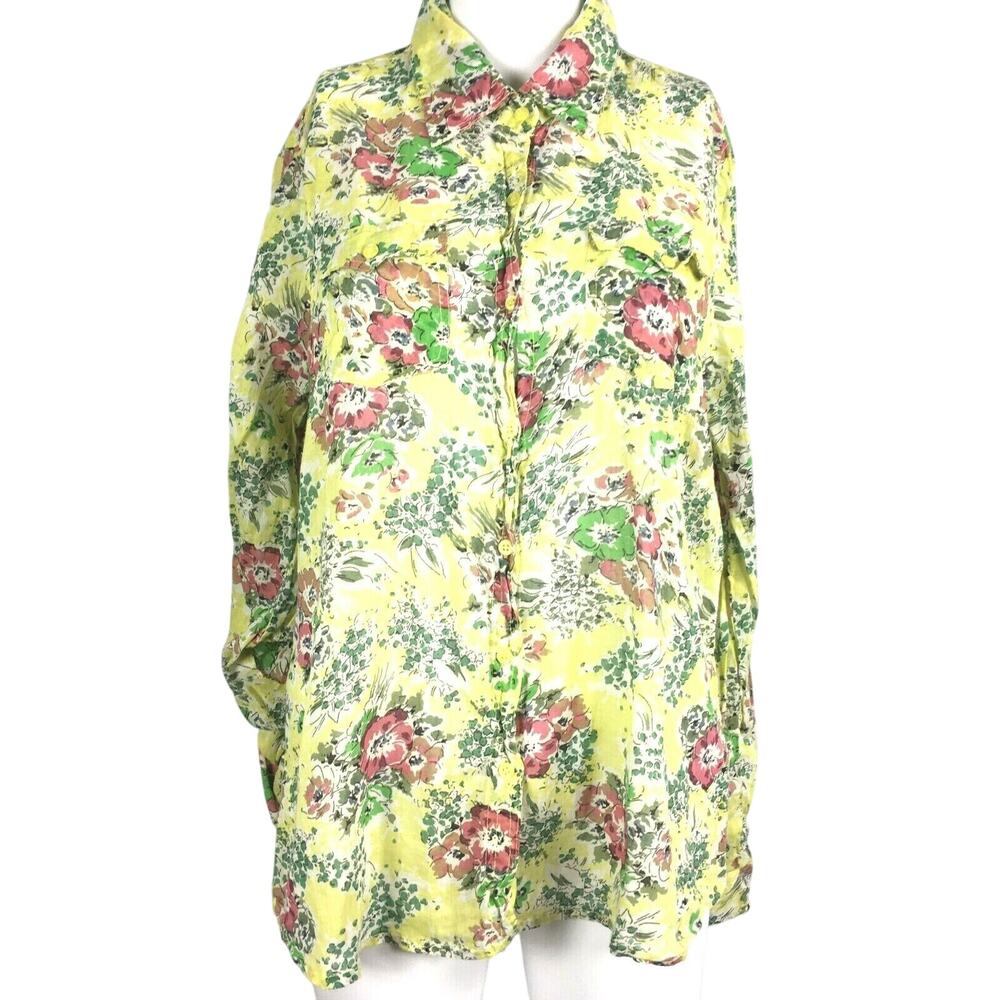 Magazine Shirt Womens Sz L Yellow Floral Cotton Roll Tab Sleeve Button Up